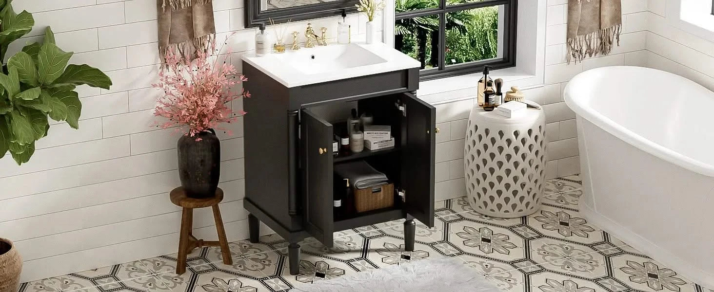 24'' Bathroom Vanity with Top Sink, 2-Tier Modern Bathroom Storage Cabinet, Single Sink Bathroom Vanity, Large Storage Shelves Default -DTYStore