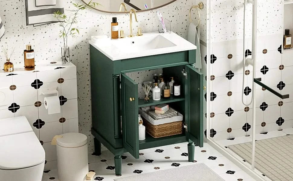 24'' Bathroom Vanity with Top Sink, 2-Tier Modern Bathroom Storage Cabinet, Single Sink Bathroom Vanity, Large Storage Shelves Default -DTYStore