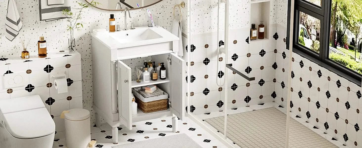 24'' Bathroom Vanity with Top Sink, 2-Tier Modern Bathroom Storage Cabinet, Single Sink Bathroom Vanity, Large Storage Shelves Default -DTYStore