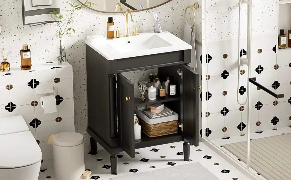 24'' Bathroom Vanity with Top Sink, 2-Tier Modern Bathroom Storage Cabinet, Single Sink Bathroom Vanity, Large Storage Shelves Default -DTYStore