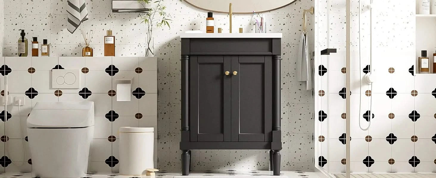 24'' Bathroom Vanity with Top Sink, 2-Tier Modern Bathroom Storage Cabinet, Single Sink Bathroom Vanity, Large Storage Shelves Default -DTYStore