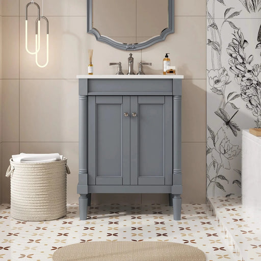 24'' Bathroom Vanity with Top Sink, 2-Tier Modern Bathroom Storage Cabinet, Single Sink Bathroom Vanity, Large Storage Shelves Default -DTYStore