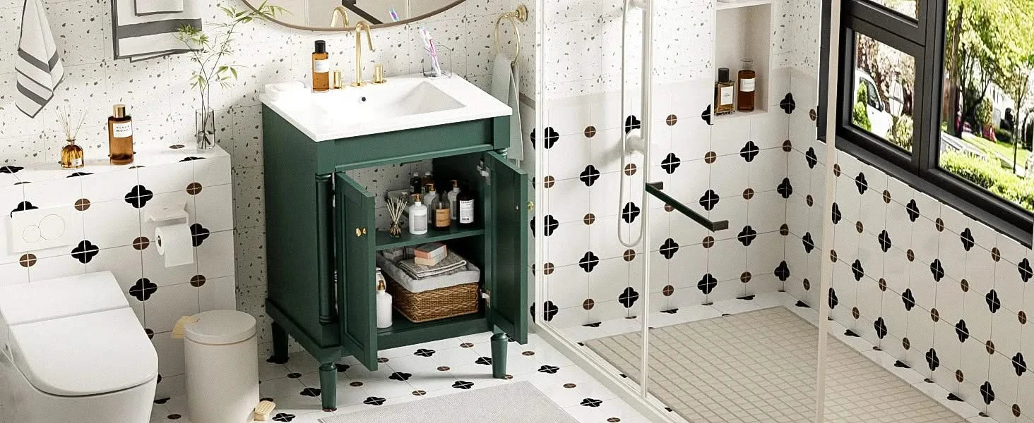 24'' Bathroom Vanity with Top Sink, 2-Tier Modern Bathroom Storage Cabinet, Single Sink Bathroom Vanity, Large Storage Shelves Default -DTYStore