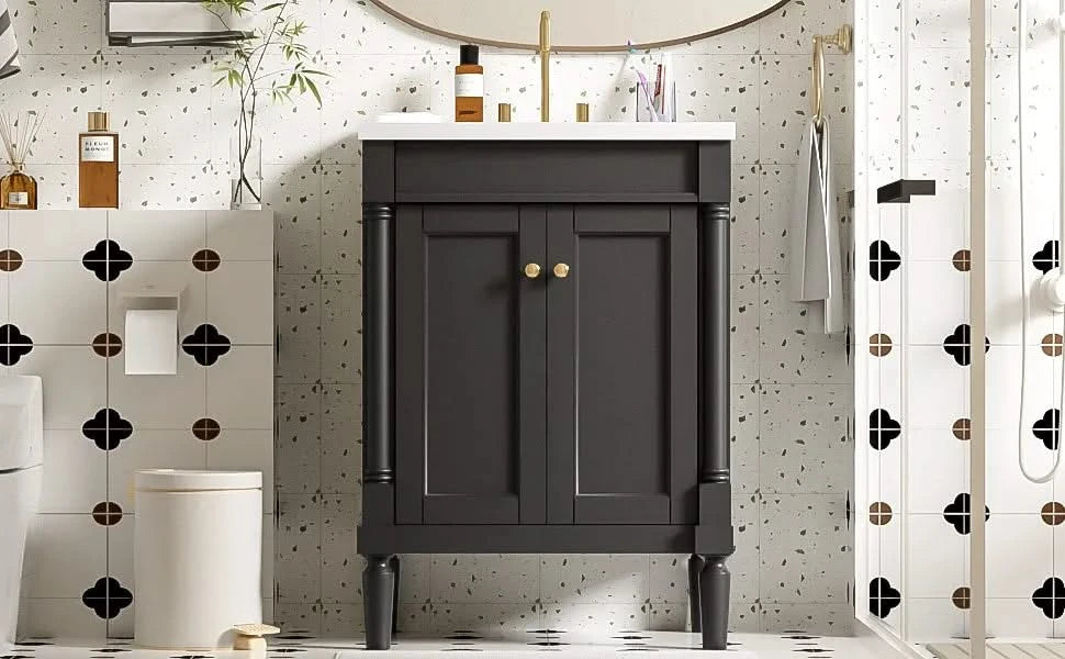 24'' Bathroom Vanity with Top Sink, 2-Tier Modern Bathroom Storage Cabinet, Single Sink Bathroom Vanity, Large Storage Shelves Default -DTYStore