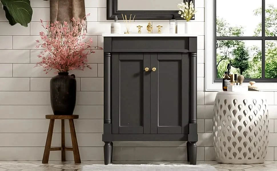 24'' Bathroom Vanity with Top Sink, 2-Tier Modern Bathroom Storage Cabinet, Single Sink Bathroom Vanity, Large Storage Shelves Default -DTYStore