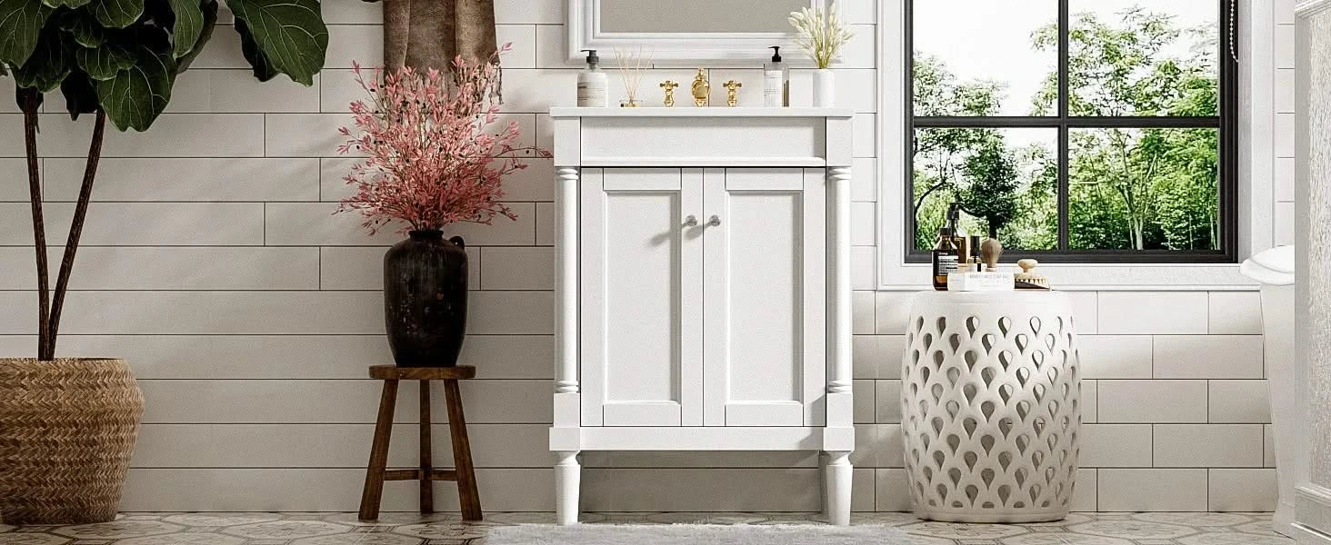 24'' Bathroom Vanity with Top Sink, 2-Tier Modern Bathroom Storage Cabinet, Single Sink Bathroom Vanity, Large Storage Shelves Default -DTYStore