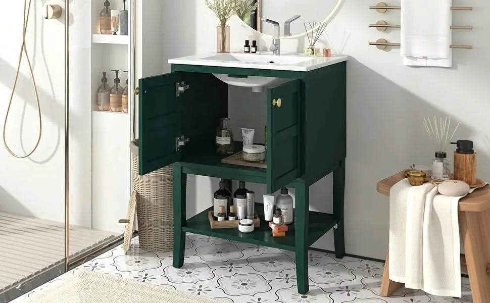 24'' Bathroom Vanity with Top Sink, Modern Bathroom Storage Cabinet with 2 Doors, Single Sink Bathroom Vanity Default -DTYStore