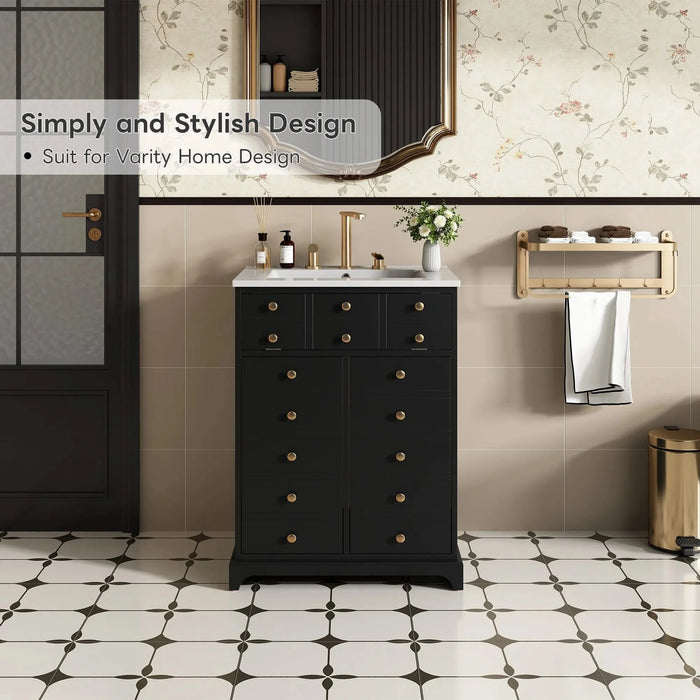 24' Bathroom Vanity with a Drawer & Two Soft-Closing Doors, Painted Modern Bathroom Storage Cabinet with Ceramic Sink, Stylish Single Sink Cabinet for Small Spaces Default -DTYStore