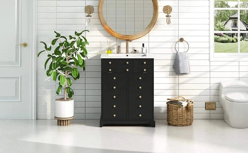 24' Bathroom Vanity with a Drawer & Two Soft-Closing Doors, Painted Modern Bathroom Storage Cabinet with Ceramic Sink, Stylish Single Sink Cabinet for Small Spaces Default -DTYStore