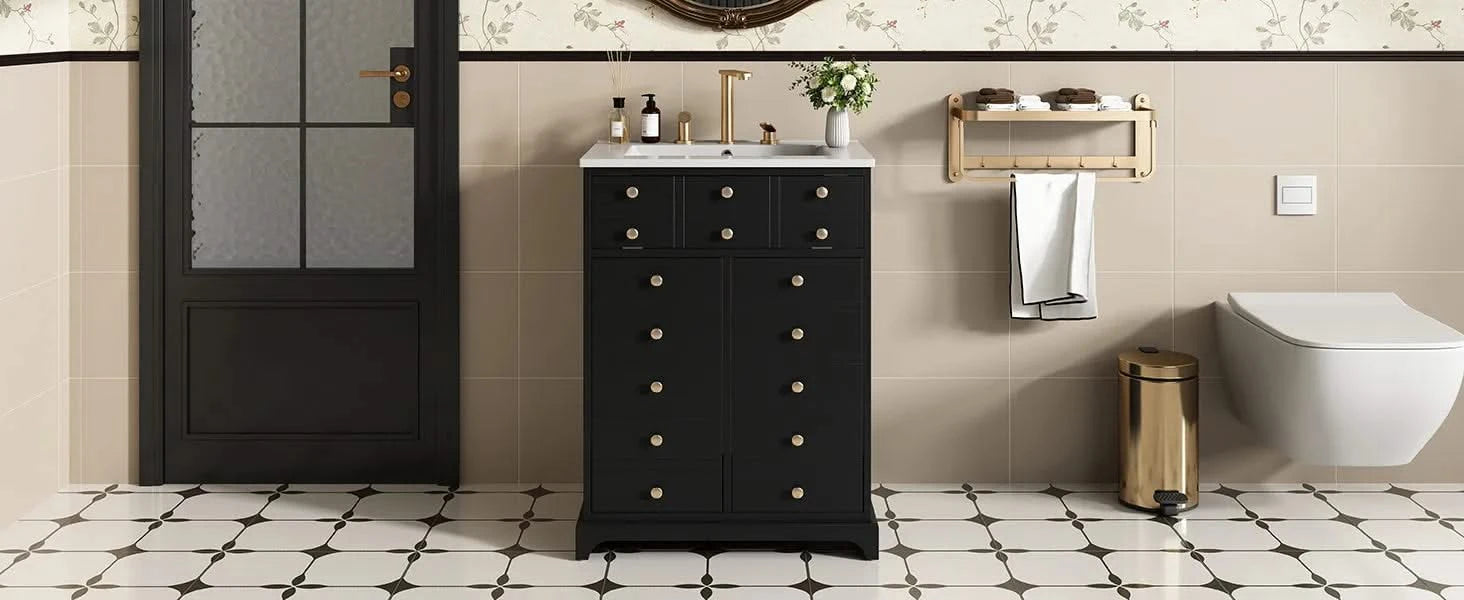 24' Bathroom Vanity with a Drawer & Two Soft-Closing Doors, Painted Modern Bathroom Storage Cabinet with Ceramic Sink, Stylish Single Sink Cabinet for Small Spaces Default -DTYStore