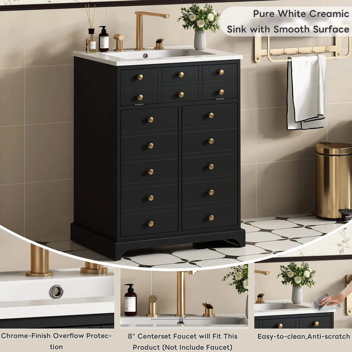 24' Bathroom Vanity with a Drawer & Two Soft-Closing Doors, Painted Modern Bathroom Storage Cabinet with Ceramic Sink, Stylish Single Sink Cabinet for Small Spaces Default -DTYStore