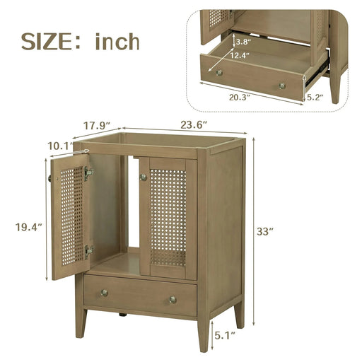 24' Bathroom Vanity without Sink, Base Only, Rattan Cabinet with Doors and Drawer, Solid Frame and MDF Board, Natural Default -DTYStore