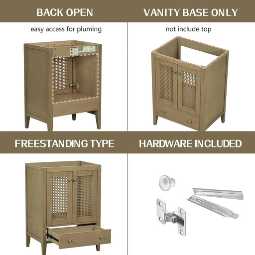 24' Bathroom Vanity without Sink, Base Only, Rattan Cabinet with Doors and Drawer, Solid Frame and MDF Board, Natural Default -DTYStore