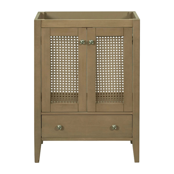 24' Bathroom Vanity without Sink, Base Only, Rattan Cabinet with Doors and Drawer, Solid Frame and MDF Board, Natural Default -DTYStore