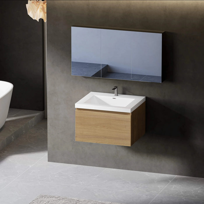 24'' Floating Bathroom Vanity with Sink Combo, Modern Wall-Mounted Striped Bathroom Storage Cabinet with Soft-Close Drawer and Glossy White Solid Surface Basin, Natural Oak 24V16-24NOW Default -DTYStore