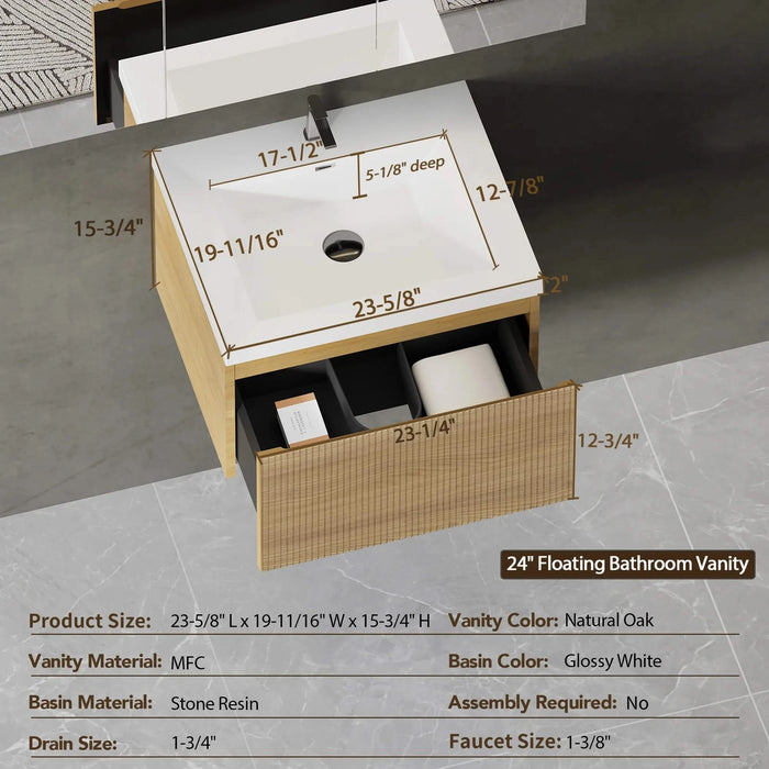 24'' Floating Bathroom Vanity with Sink Combo, Modern Wall-Mounted Striped Bathroom Storage Cabinet with Soft-Close Drawer and Glossy White Solid Surface Basin, Natural Oak 24V16-24NOW Default -DTYStore