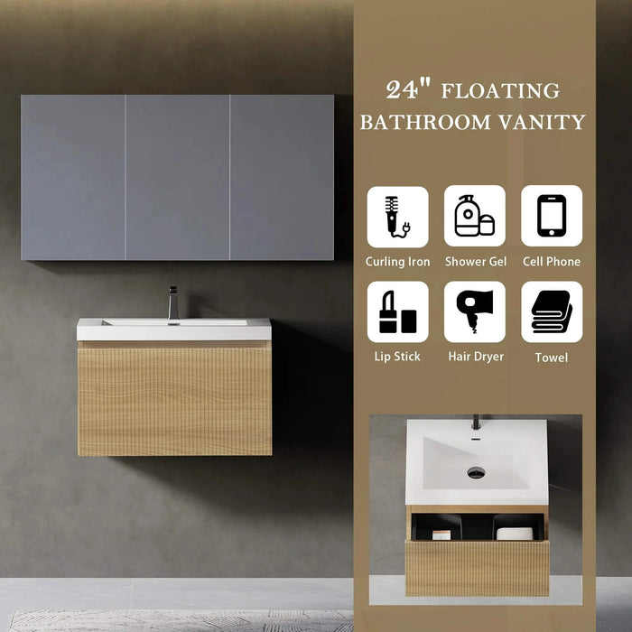 24'' Floating Bathroom Vanity with Sink Combo, Modern Wall-Mounted Striped Bathroom Storage Cabinet with Soft-Close Drawer and Glossy White Solid Surface Basin, Natural Oak 24V16-24NOW Default -DTYStore