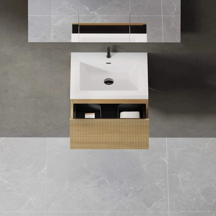 24'' Floating Bathroom Vanity with Sink Combo, Modern Wall-Mounted Striped Bathroom Storage Cabinet with Soft-Close Drawer and Glossy White Solid Surface Basin, Natural Oak 24V16-24NOW Default -DTYStore