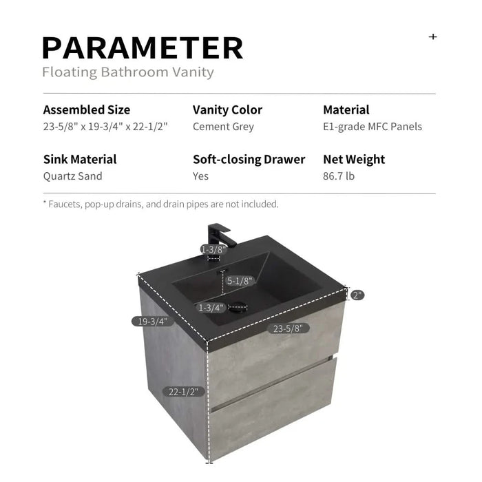 24' Floating Bathroom Vanity with Sink, Modern Wall-Mounted Bathroom Storage Vanity Cabinet with Black Quartz Sand Top Basin and Soft Close Drawers, EDI-Series Cement Grey 24V12-24GR Default -DTYStore