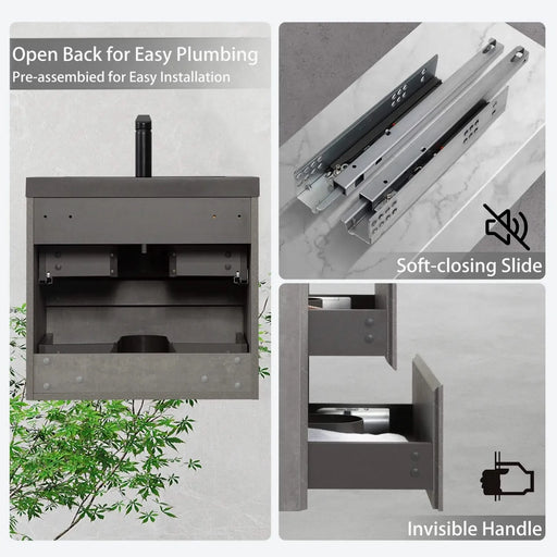 24' Floating Bathroom Vanity with Sink, Modern Wall-Mounted Bathroom Storage Vanity Cabinet with Black Quartz Sand Top Basin and Soft Close Drawers, EDI-Series Cement Grey 24V12-24GR Default -DTYStore