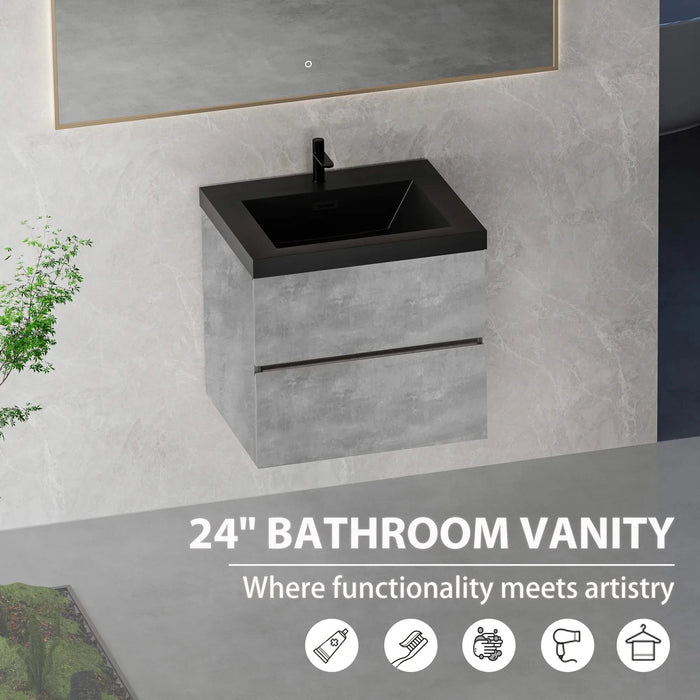 24' Floating Bathroom Vanity with Sink, Modern Wall-Mounted Bathroom Storage Vanity Cabinet with Black Quartz Sand Top Basin and Soft Close Drawers, EDI-Series Cement Grey 24V12-24GR Default -DTYStore