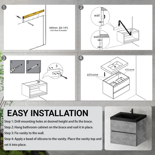 24' Floating Bathroom Vanity with Sink, Modern Wall-Mounted Bathroom Storage Vanity Cabinet with Black Quartz Sand Top Basin and Soft Close Drawers, EDI-Series Cement Grey 24V12-24GR Default -DTYStore
