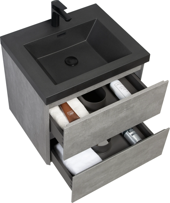 24' Floating Bathroom Vanity with Sink, Modern Wall-Mounted Bathroom Storage Vanity Cabinet with Black Quartz Sand Top Basin and Soft Close Drawers, EDI-Series Cement Grey 24V12-24GR Default -DTYStore