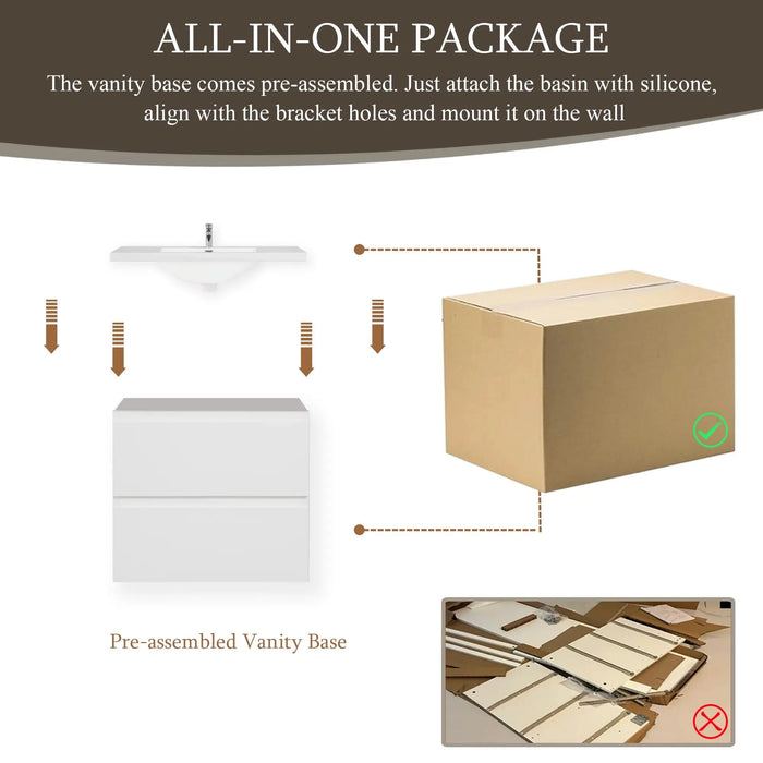 24' Floating Bathroom Vanity with Sink, Modern Wall-Mounted Bathroom Storage Vanity Cabinet with Resin Top Basin and Soft Close Drawers, Glossy White 24V11-24GW Default -DTYStore