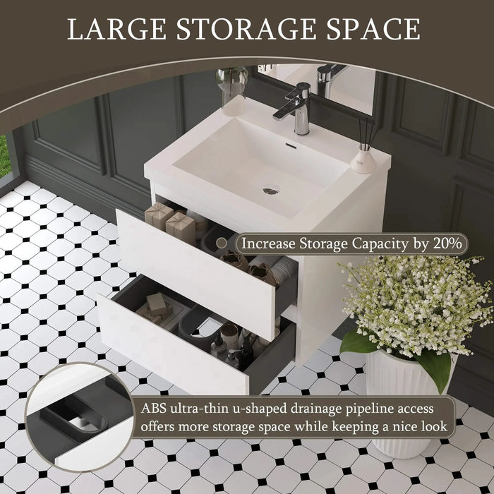 24' Floating Bathroom Vanity with Sink, Modern Wall-Mounted Bathroom Storage Vanity Cabinet with Resin Top Basin and Soft Close Drawers, Glossy White 24V11-24GW Default -DTYStore