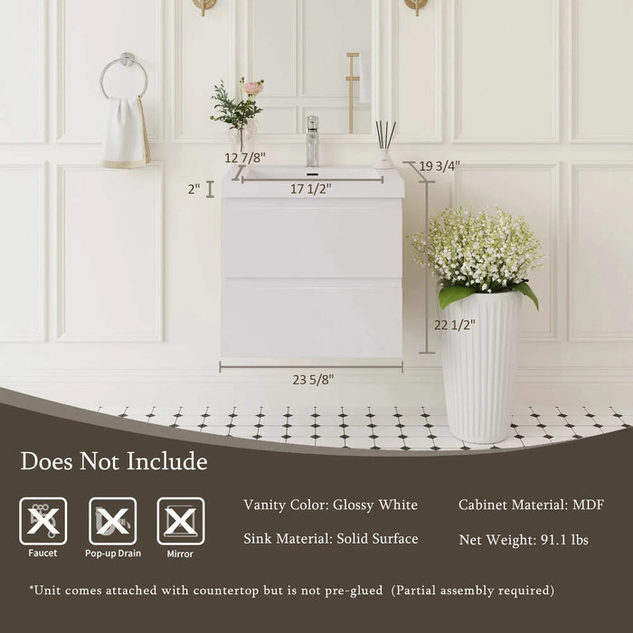24' Floating Bathroom Vanity with Sink, Modern Wall-Mounted Bathroom Storage Vanity Cabinet with Resin Top Basin and Soft Close Drawers, Glossy White 24V11-24GW Default -DTYStore