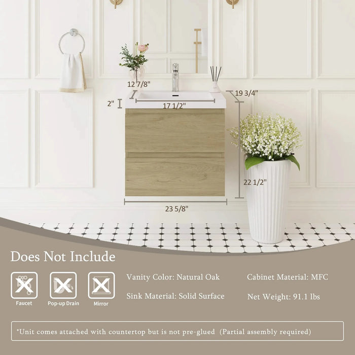 24' Floating Bathroom Vanity with Sink, Modern Wall-Mounted Bathroom Storage Vanity Cabinet with Resin Top Basin and Soft Close Drawers, Natural Oak 24V11-24NO Default -DTYStore