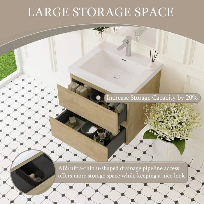 24' Floating Bathroom Vanity with Sink, Modern Wall-Mounted Bathroom Storage Vanity Cabinet with Resin Top Basin and Soft Close Drawers, Natural Oak 24V11-24NO Default -DTYStore