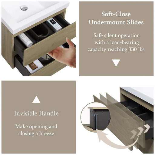 24' Floating Bathroom Vanity with Sink, Modern Wall-Mounted Bathroom Storage Vanity Cabinet with Resin Top Basin and Soft Close Drawers, Natural Oak 24V11-24NO Default -DTYStore