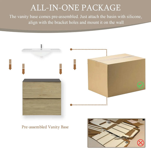 24' Floating Bathroom Vanity with Sink, Modern Wall-Mounted Bathroom Storage Vanity Cabinet with Resin Top Basin and Soft Close Drawers, Natural Oak 24V11-24NO Default -DTYStore