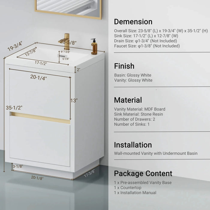 24' Freestanding Bathroom Vanity with Sink, Bathroom Storage Vanity Cabinet with Stone Resin Countertop and Soft Close Drawers, Glossy White 24V14-24GW Default -DTYStore