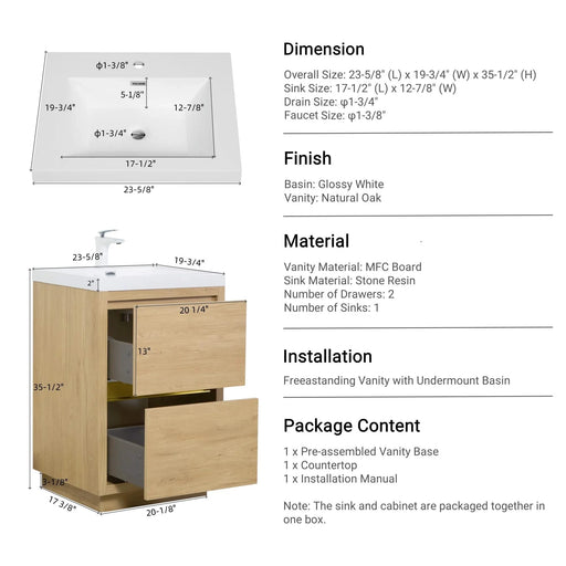 24' Freestanding Bathroom Vanity with Sink, Bathroom Storage Vanity Cabinet with Stone Resin Countertop and Soft Close Drawers, Natural Oak 24V14-24NO Default -DTYStore
