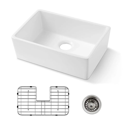 24 Inch White Fireclay Farmhouse Sink-24x 16 White Farm Sink for Small Kitchen and Laundry, Apron Front Porcelain Ceramic Sink Single Basin with Bottom Grid and Strainer Default -DTYStore