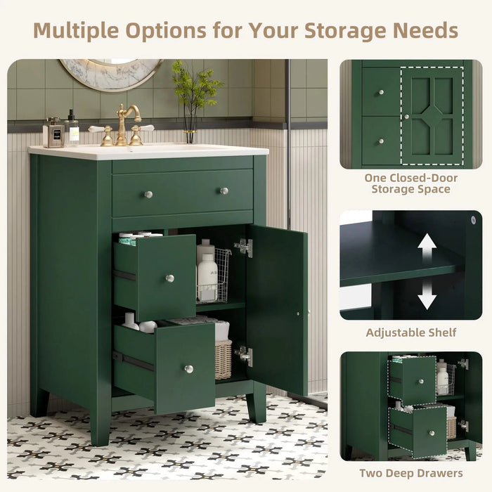 24' Modern Bathroom Vanity with Ceramic Basin, Restroom Basin Cabinet with 2 Drawers, Small Bathroom Cabinet with Soft-Closing Door Default -DTYStore