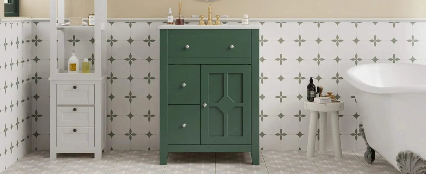 24' Modern Bathroom Vanity with Ceramic Basin, Restroom Basin Cabinet with 2 Drawers, Small Bathroom Cabinet with Soft-Closing Door Default -DTYStore