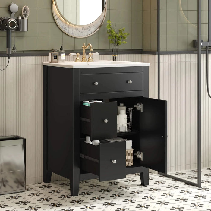 24' Modern Bathroom Vanity with Ceramic Basin, Restroom Basin Cabinet with 2 Drawers, Small Bathroom Cabinet with Soft-Closing Door Default -DTYStore
