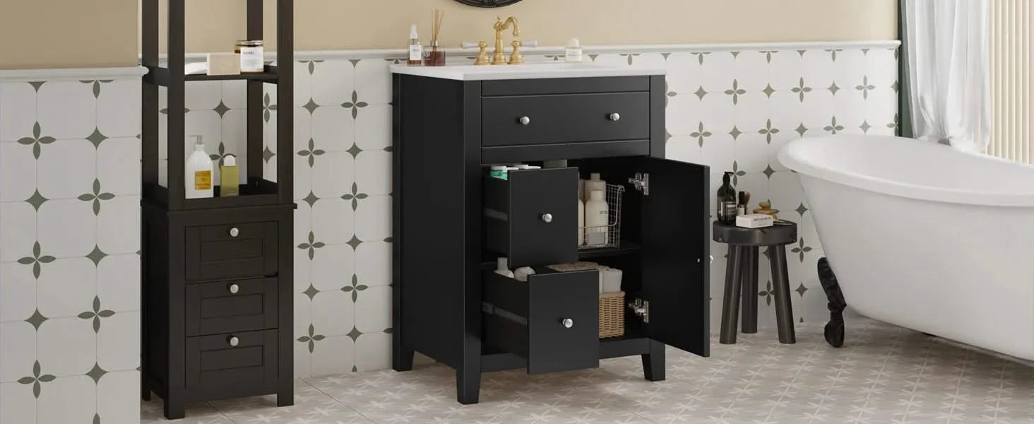 24' Modern Bathroom Vanity with Ceramic Basin, Restroom Basin Cabinet with 2 Drawers, Small Bathroom Cabinet with Soft-Closing Door Default -DTYStore