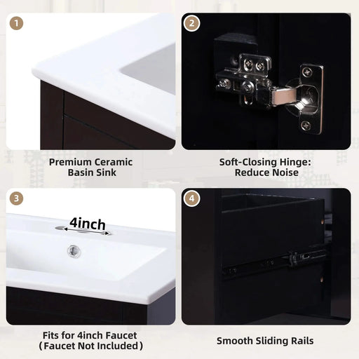 24' Modern Bathroom Vanity with Ceramic Basin, Restroom Basin Cabinet with 2 Drawers, Small Bathroom Cabinet with Soft-Closing Door Default -DTYStore