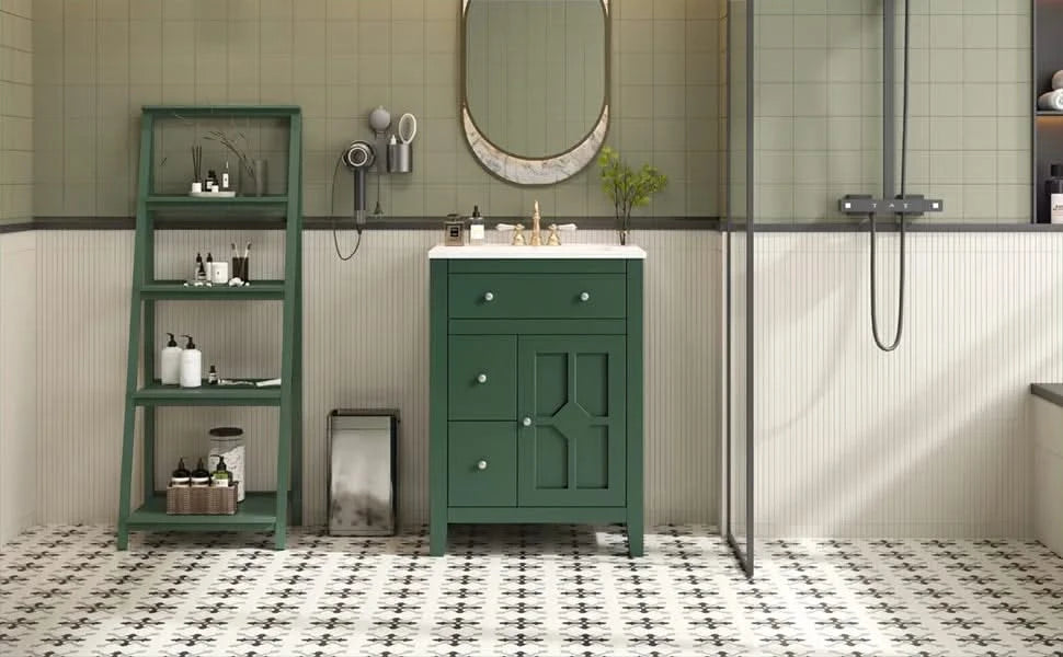 24' Modern Bathroom Vanity with Ceramic Basin, Restroom Basin Cabinet with 2 Drawers, Small Bathroom Cabinet with Soft-Closing Door Default -DTYStore