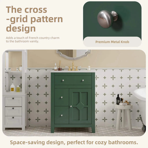 24' Modern Bathroom Vanity with Ceramic Basin, Restroom Basin Cabinet with 2 Drawers, Small Bathroom Cabinet with Soft-Closing Door Default -DTYStore