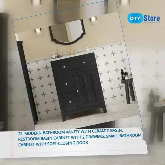 24' Modern Bathroom Vanity with Ceramic Basin, Restroom Basin Cabinet with 2 Drawers, Small Bathroom Cabinet with Soft-Closing Door Default -DTYStore