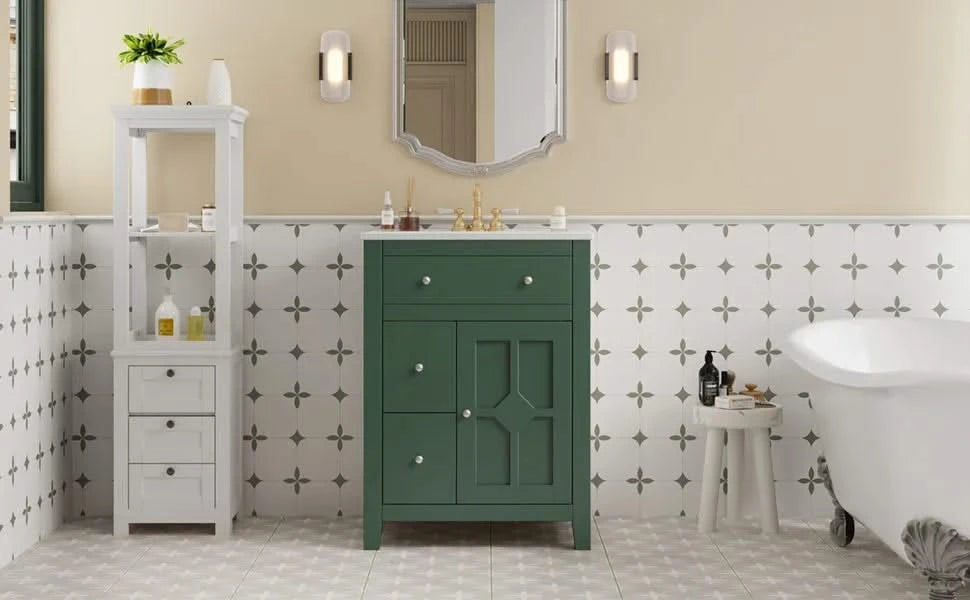 24' Modern Bathroom Vanity with Ceramic Basin, Restroom Basin Cabinet with 2 Drawers, Small Bathroom Cabinet with Soft-Closing Door Default -DTYStore