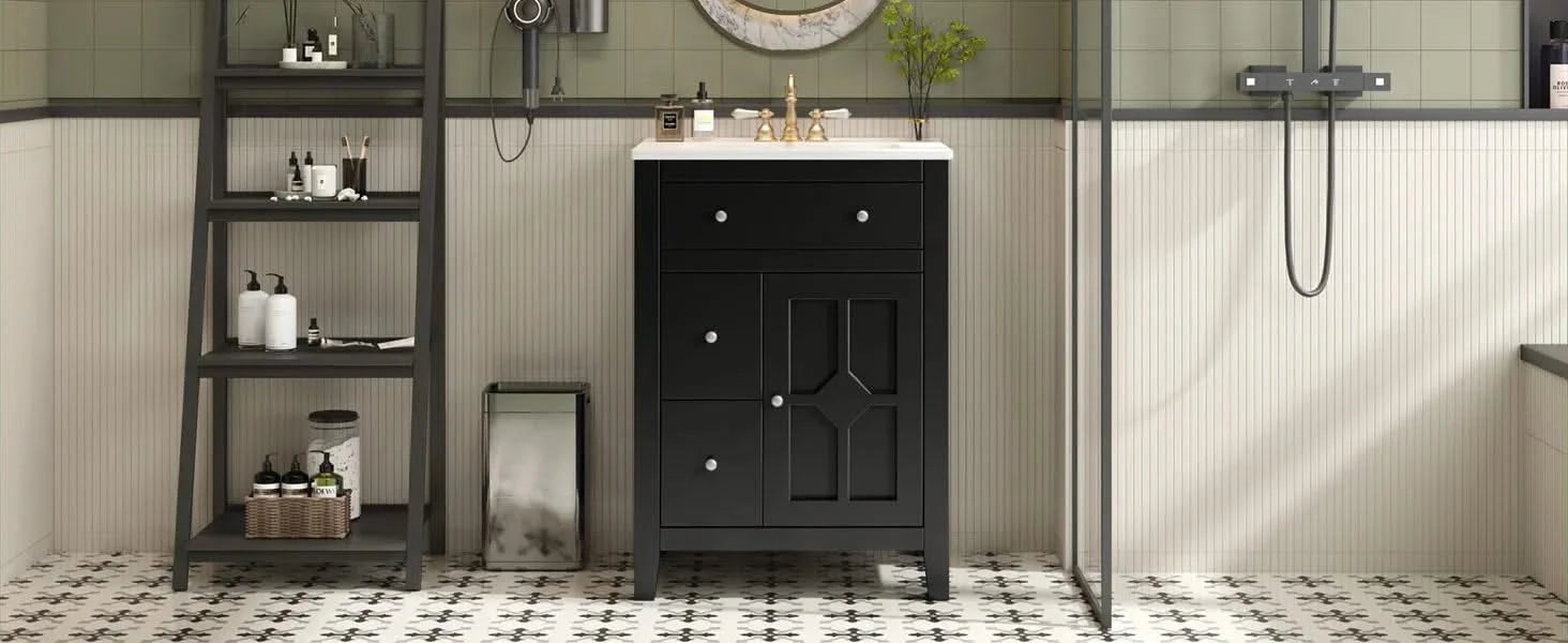 24' Modern Bathroom Vanity with Ceramic Basin, Restroom Basin Cabinet with 2 Drawers, Small Bathroom Cabinet with Soft-Closing Door Default -DTYStore