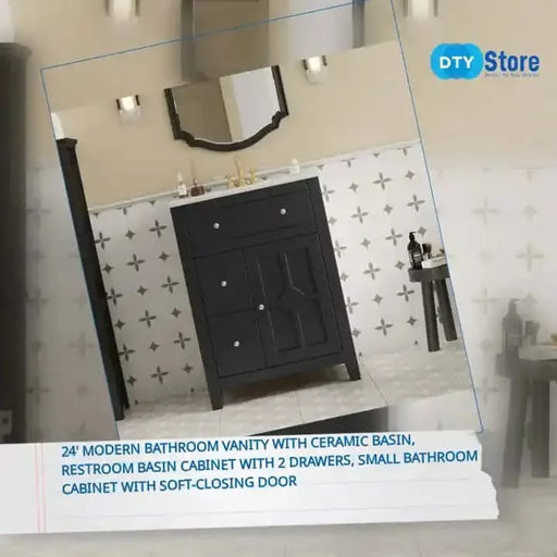 24' Modern Bathroom Vanity with Ceramic Basin, Restroom Basin Cabinet with 2 Drawers, Small Bathroom Cabinet with Soft-Closing Door Default -DTYStore