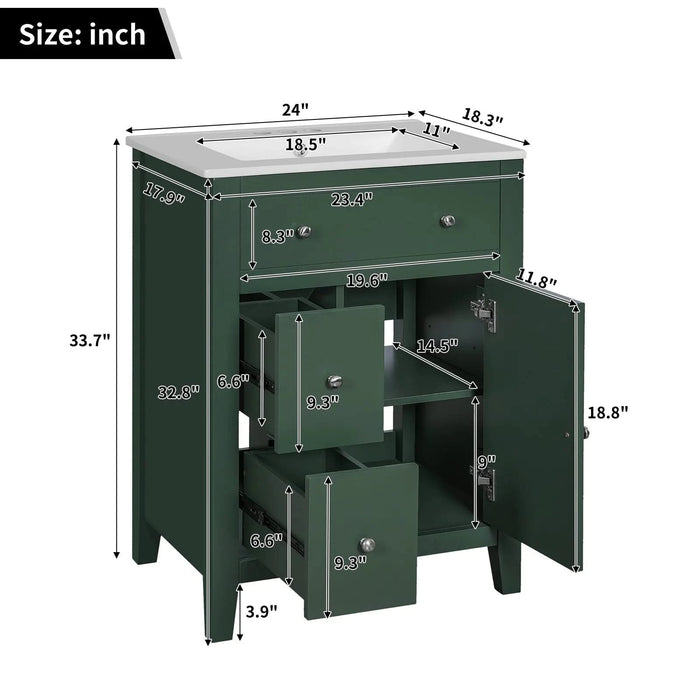 24' Modern Bathroom Vanity with Ceramic Basin, Restroom Basin Cabinet with 2 Drawers, Small Bathroom Cabinet with Soft-Closing Door Default -DTYStore