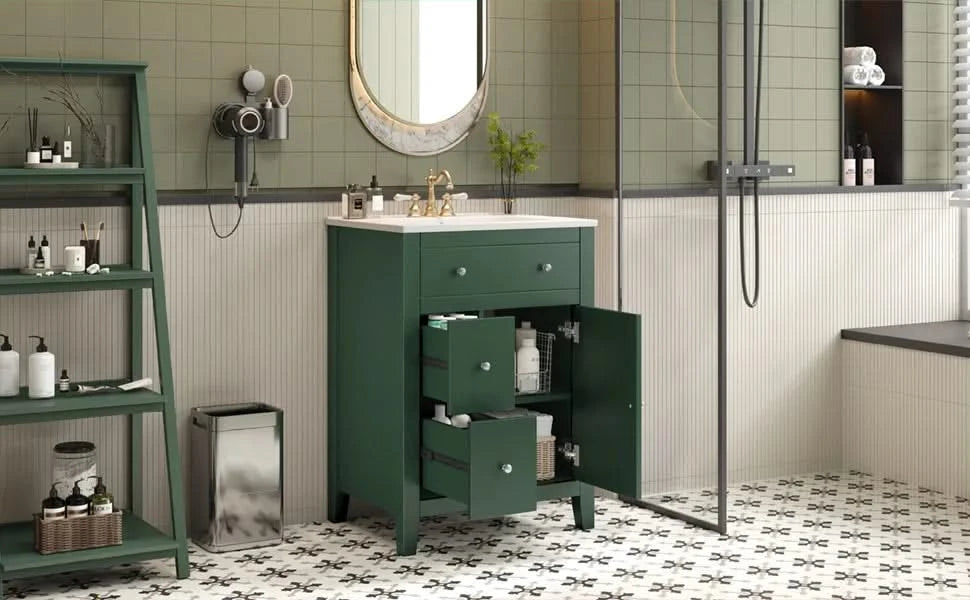 24' Modern Bathroom Vanity with Ceramic Basin, Restroom Basin Cabinet with 2 Drawers, Small Bathroom Cabinet with Soft-Closing Door Default -DTYStore